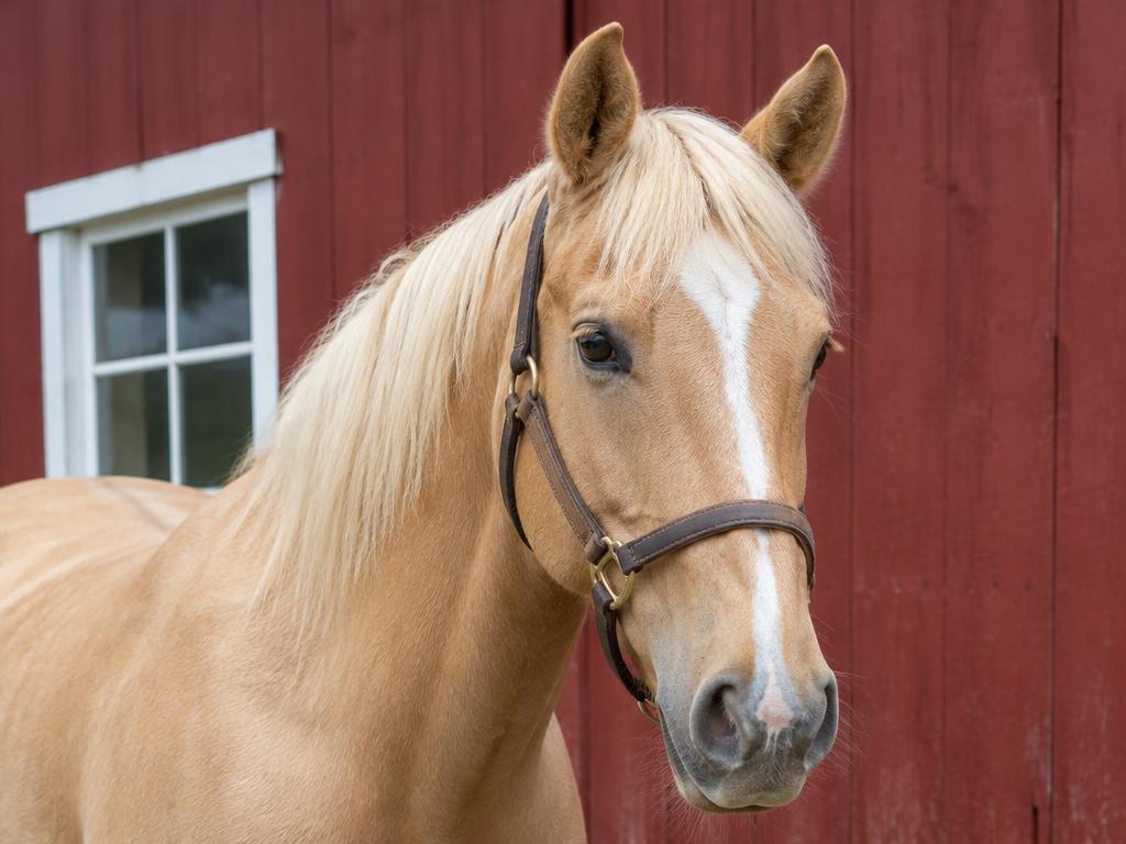 Palomino horse beside a red barn